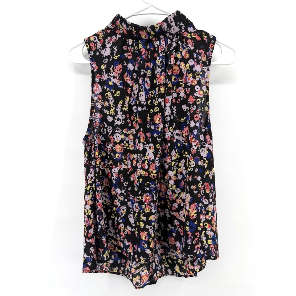 Allison Joy Black Floral Sleeveless Blouse Top Women L High Neck Boho Dainty USA